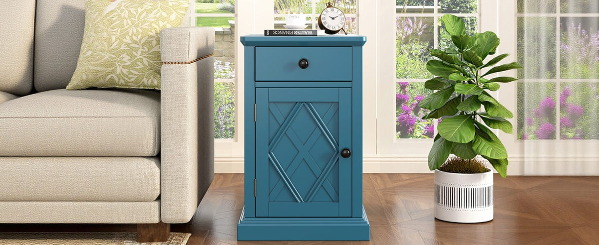 Navy Blue MDF Charging End Table with Storage for Living Room