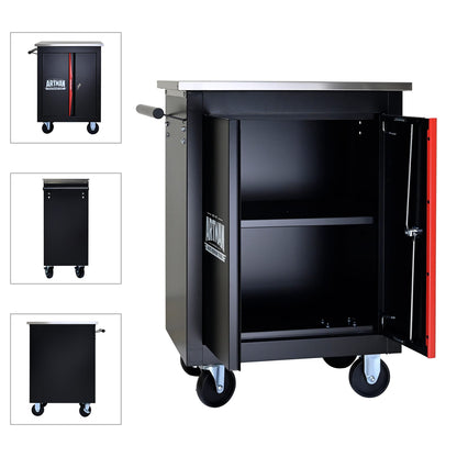 Black Red Steel Tool Cabinet Trolley - 4 Wheel Assembly Cart