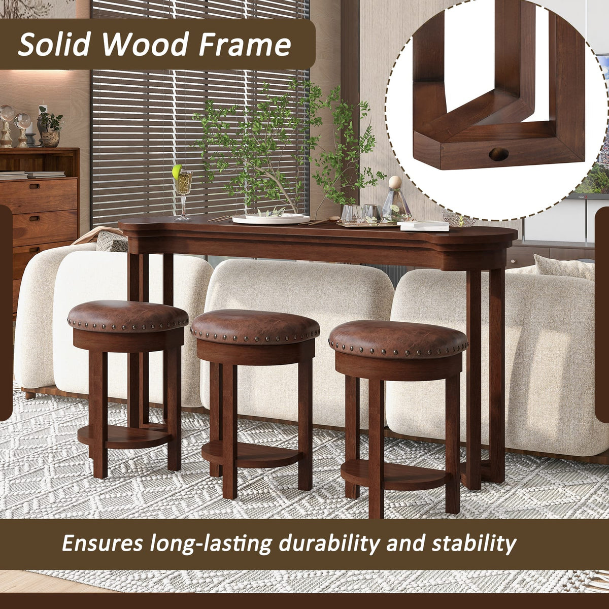 Cherry Solid Wood Bar Table Set with 3 Stools - 60" Dining Table for Dining Room