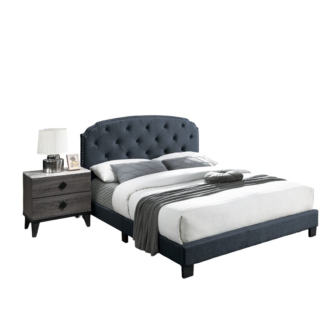 Charcoal Full Burlap Bed Frame with Button Tufted Headboard for Bedroom