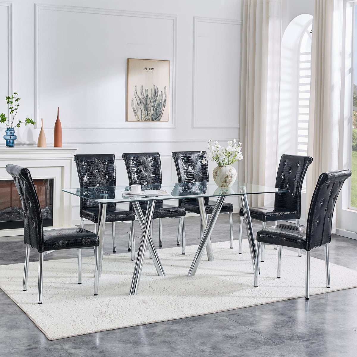 71 Inch Tempered Glass Dining Table - White Metal Legs