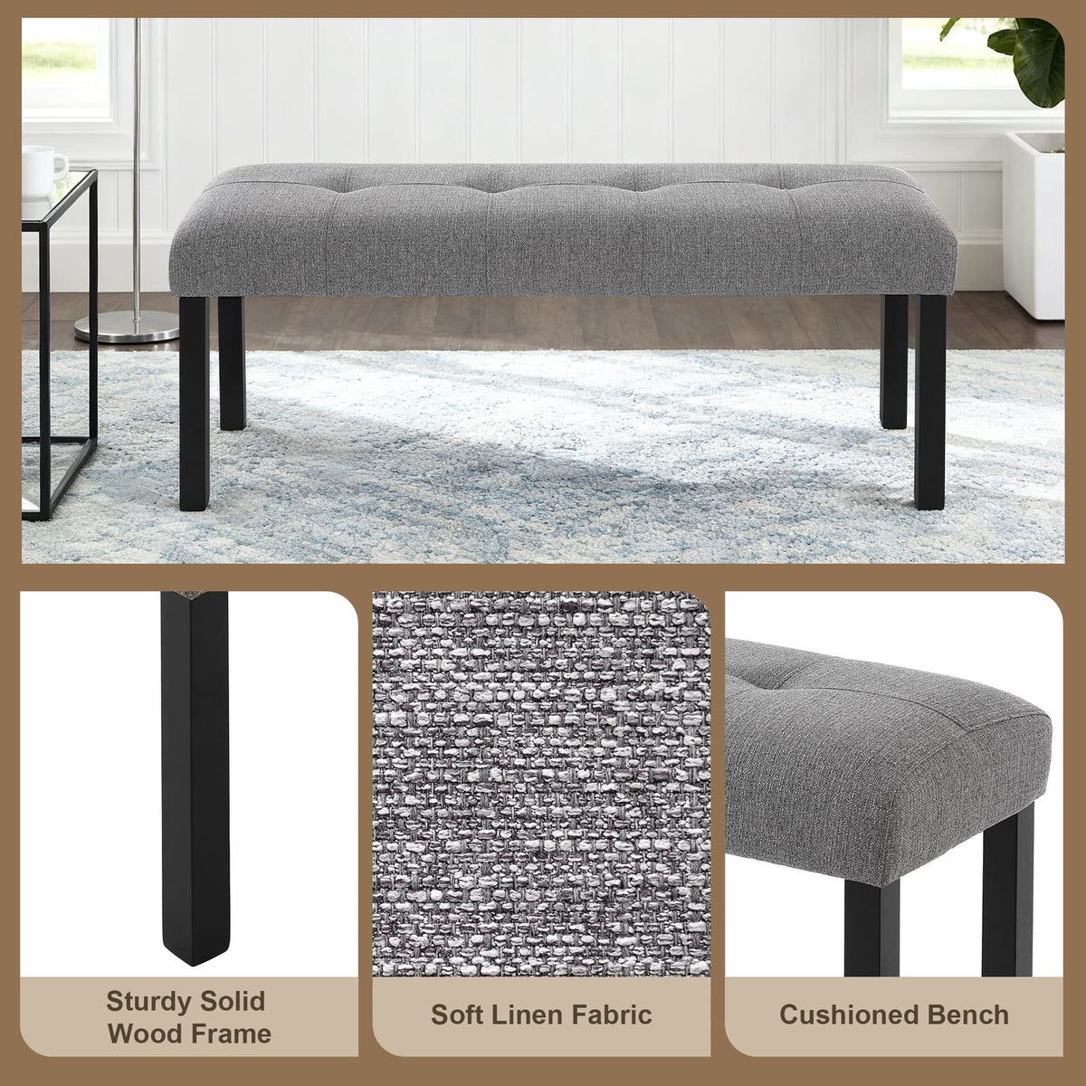 Modern Gray Linen Dining Bench - Farmhouse Entryway Seat