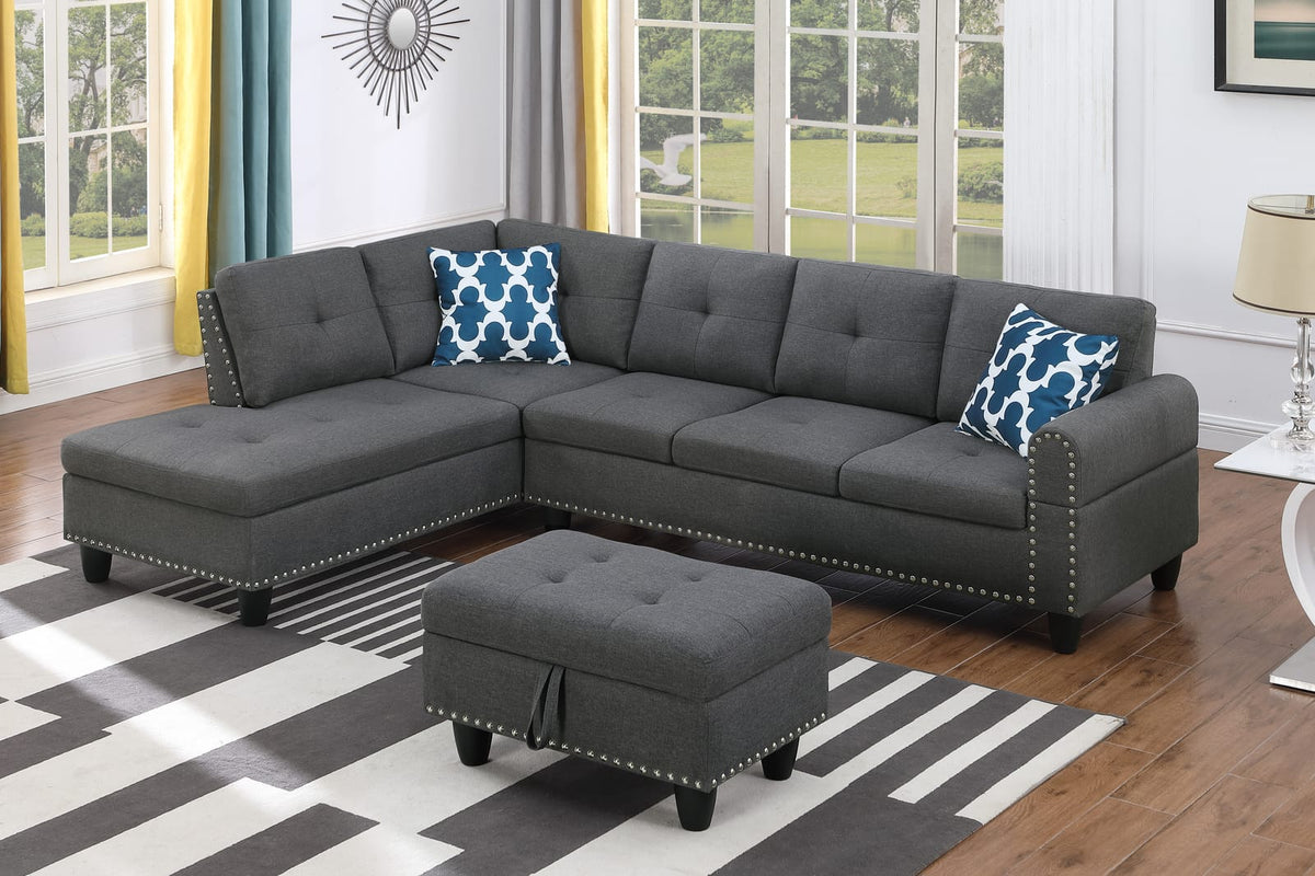 Dark Gray Linen Corner Sofa - 3 Seat with Storage