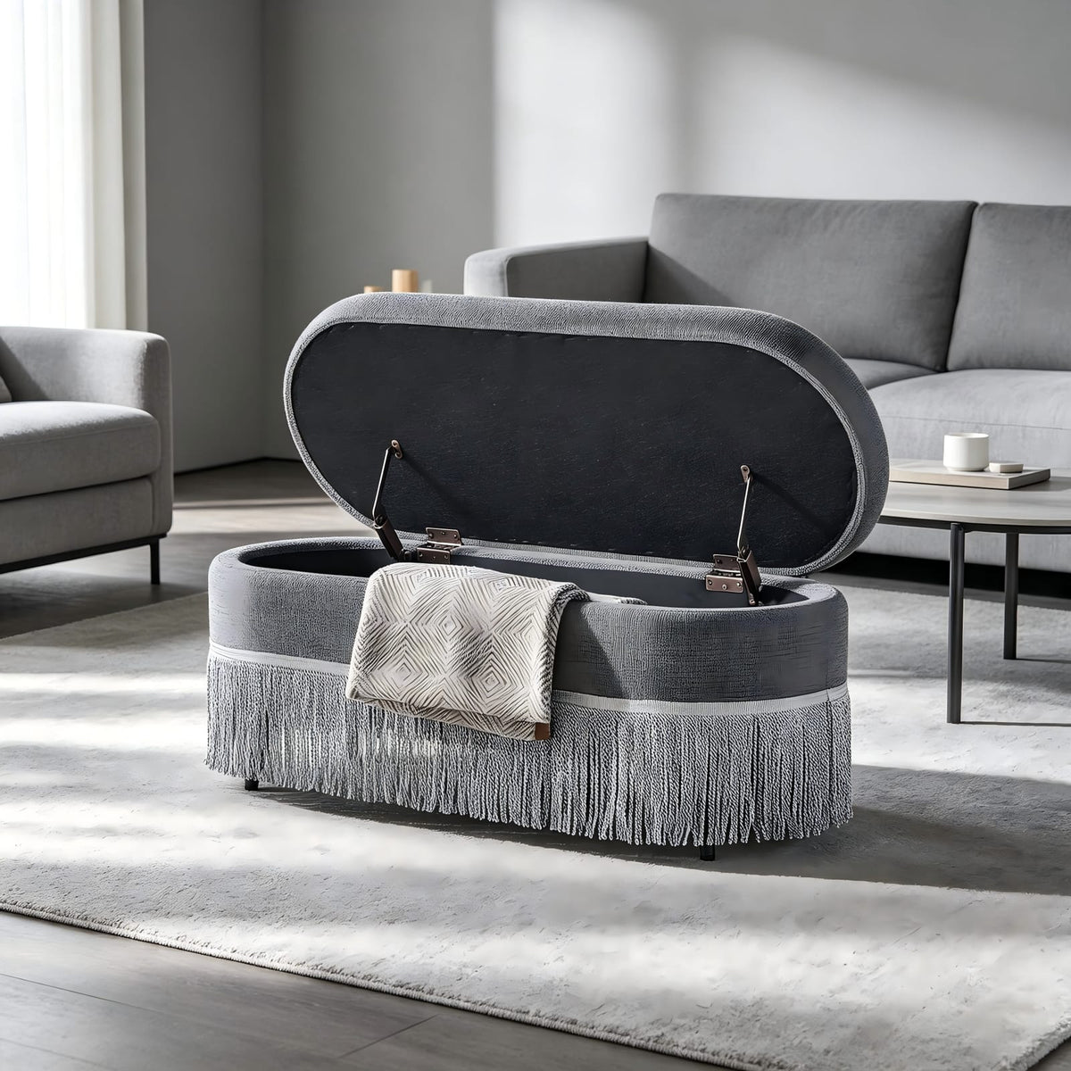 Grey Foam & Metal Storage Ottoman - Lift Top, Hidden Storage for Living Room