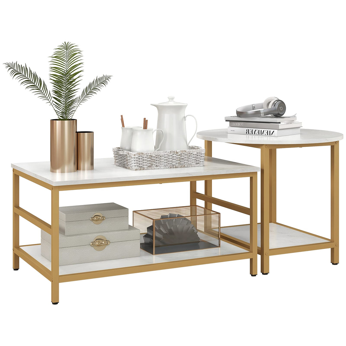HOMCOM Coffee Tables Set of 2 - White MDF Storage Table