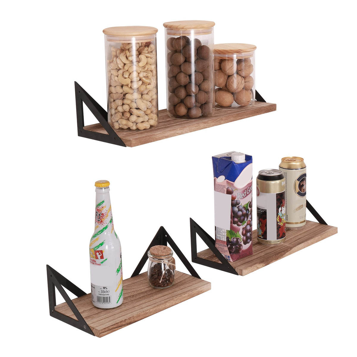 Floating Shelves Set of 3 - Natural Wood Display Shelves with Brackets for Living