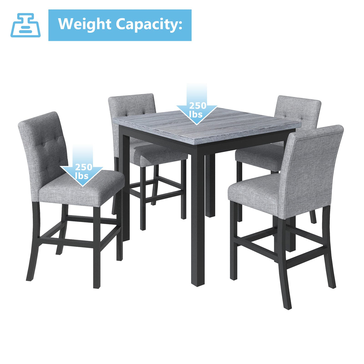 Gray Square Dining Table with 4 Upholstered Chairs for Dining Room