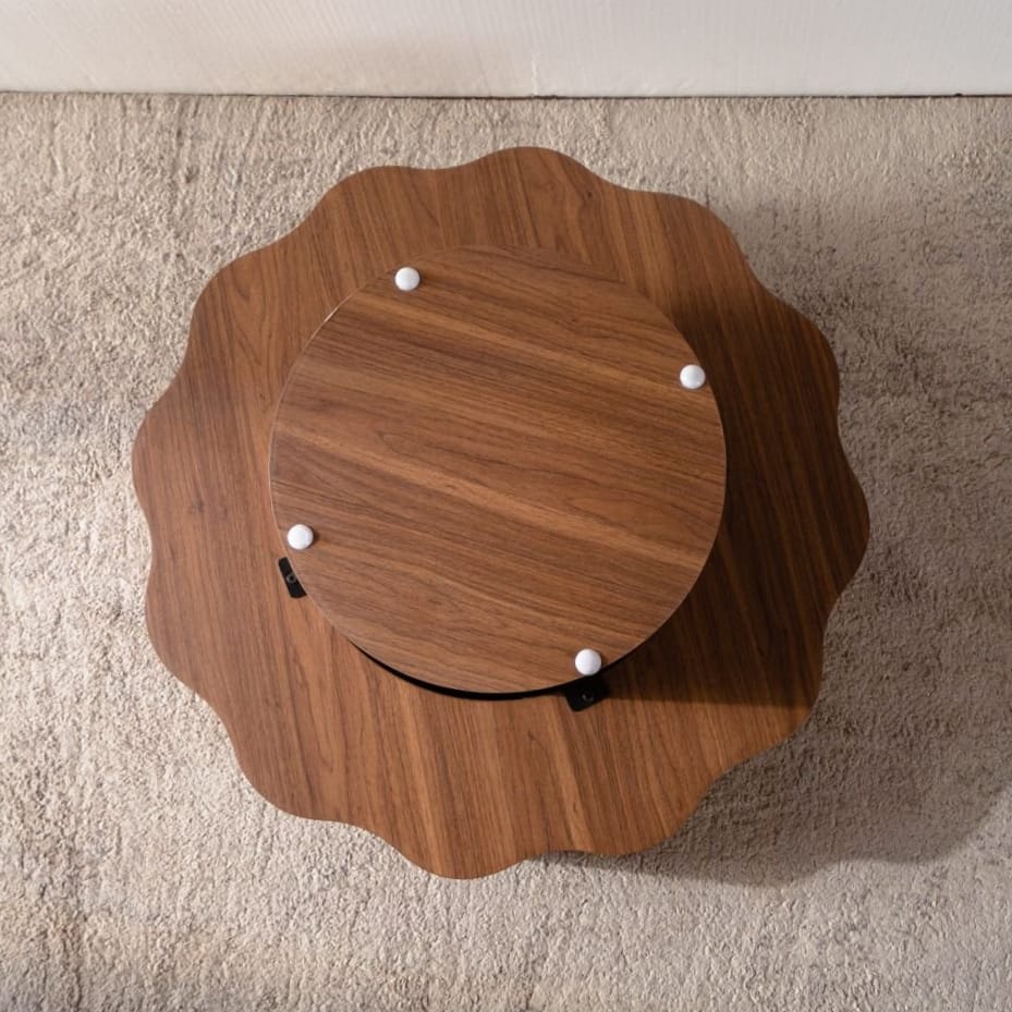 Walnut Wood Coffee Table - 31.3" Round Scalloped Edge Table for Living Room