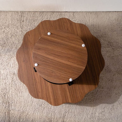 Walnut Wood Coffee Table - 31.3" Round Scalloped Edge Table for Living Room