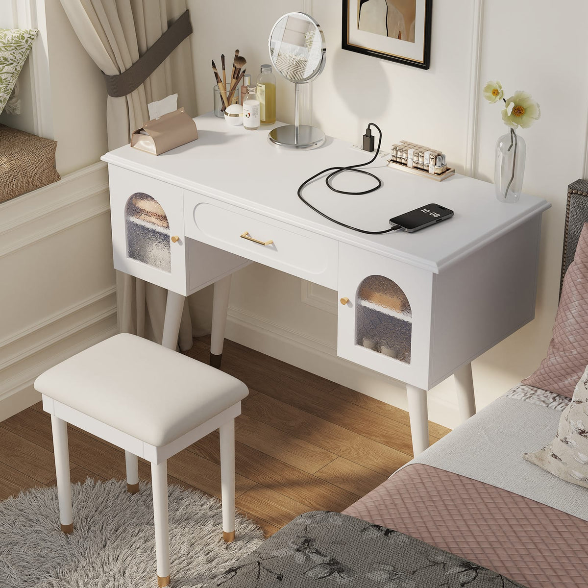White Engineered Wood Makeup Vanity Table with Chair & Charging Port for Bedroom