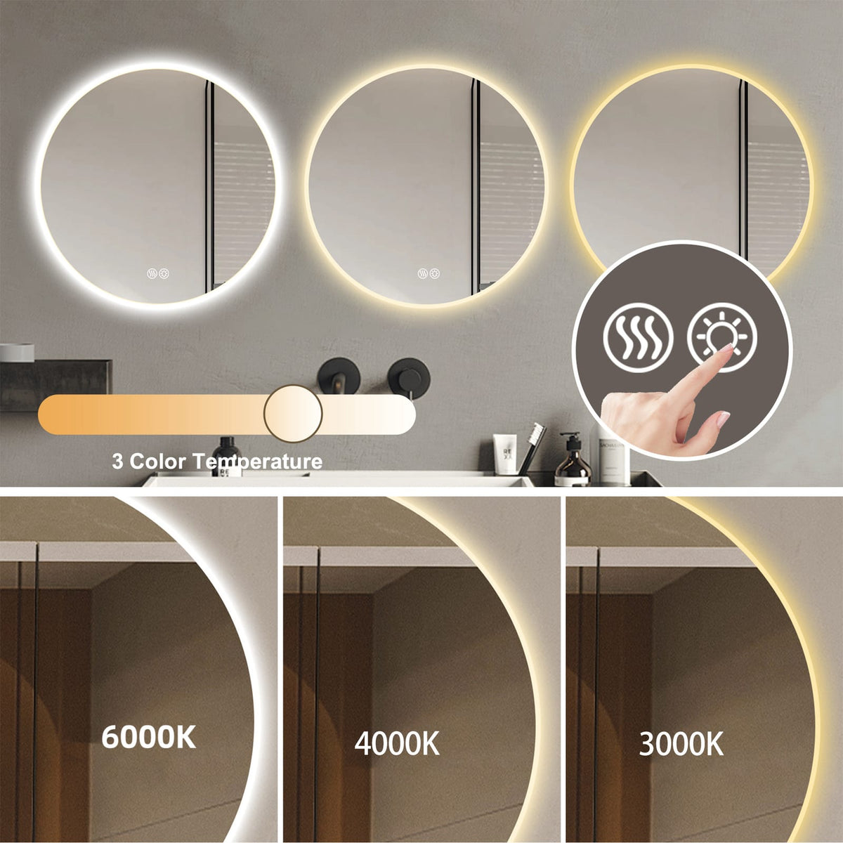 Silver LED Bathroom Mirror - 23.6" Wall Mounted Vanity Mirror with Defog