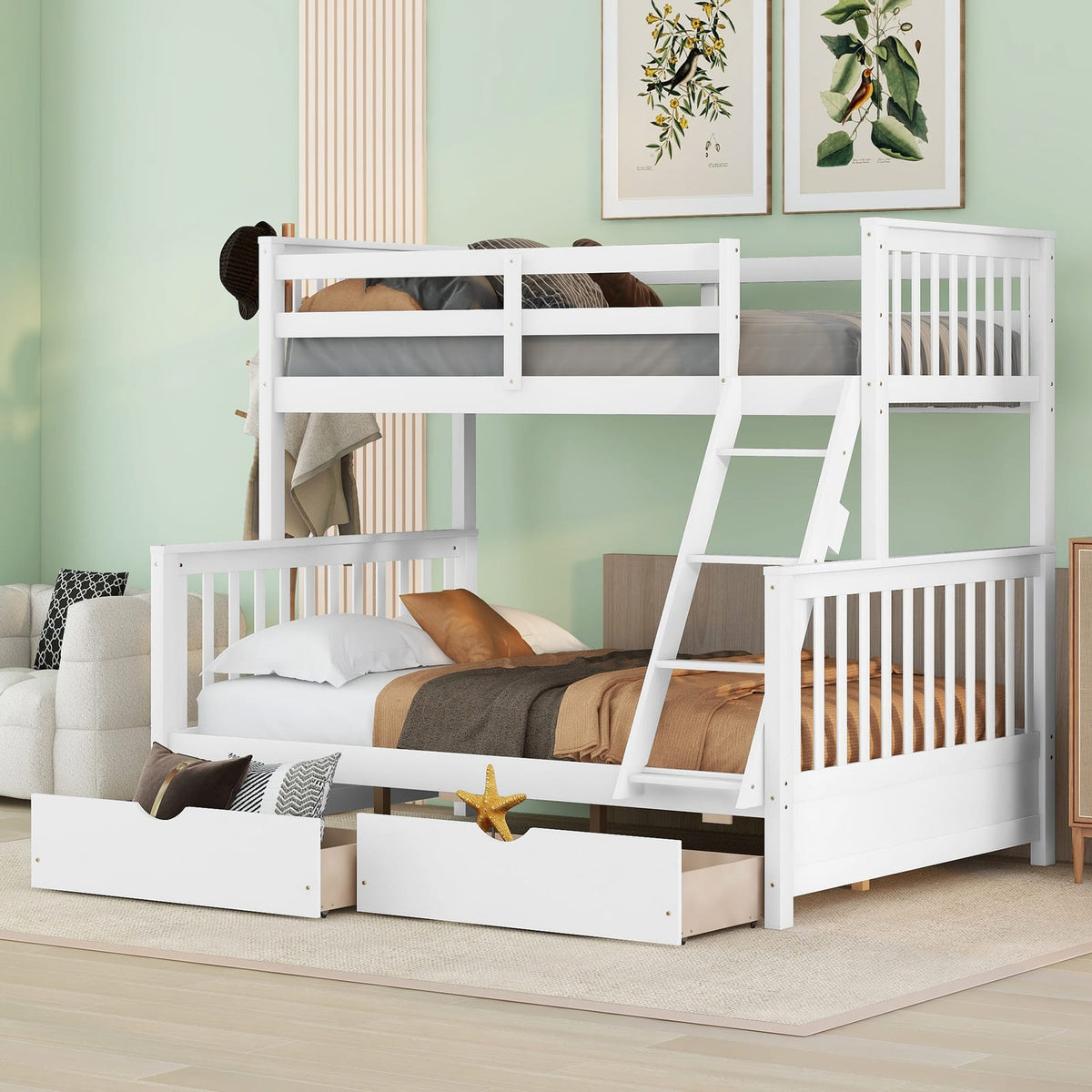 Twin Over Full Bunk Bed - White Solid Wood Frame for Bedroom