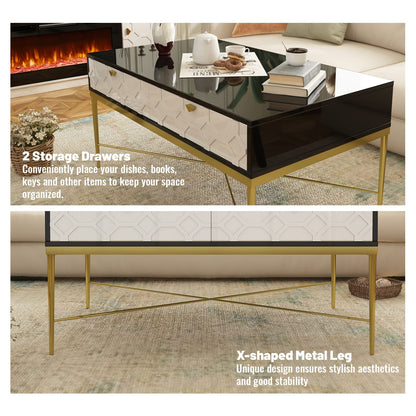 Modern Black & White Coffee Table with 2 Drawers - Storage Table