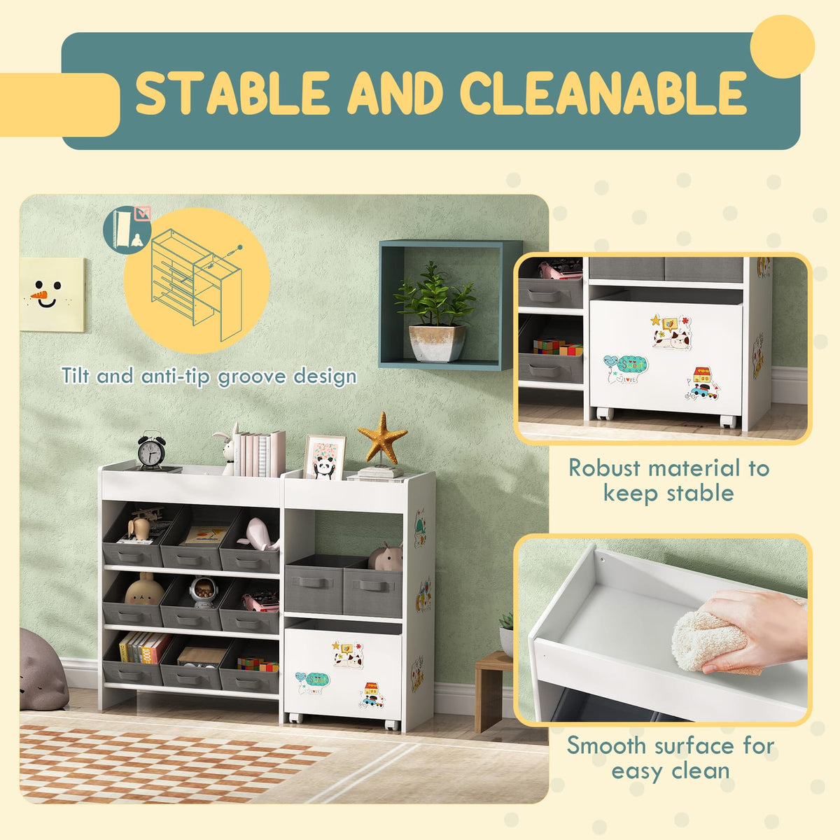White Fabric Toy Storage Shelf with 11 Bins for Kids Playroom