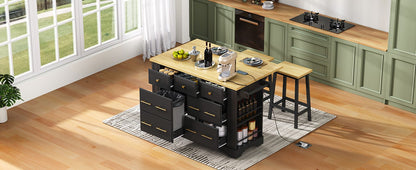 Black MDF Kitchen Island with Drop Leaf Storage and Charging Station