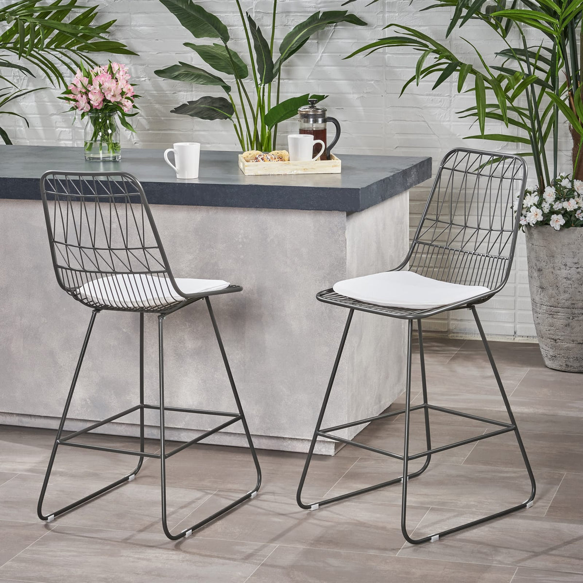 Grey & Ivory Iron Patio Counter Stools - Set of 2