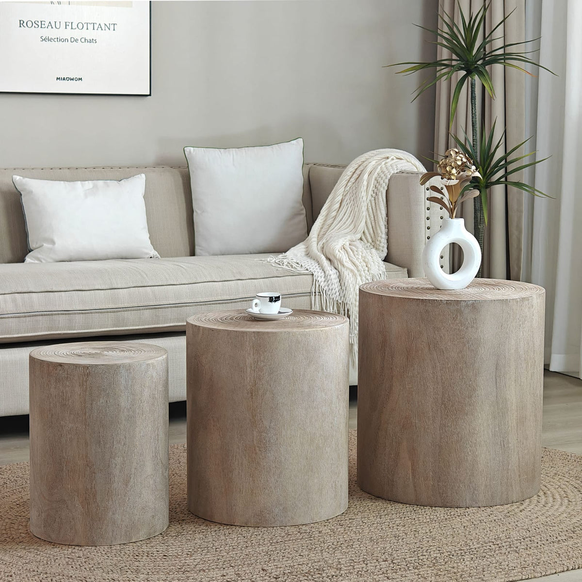 Round Wood Coffee Table Set - 3 Rustic Accent Tables for Living Room