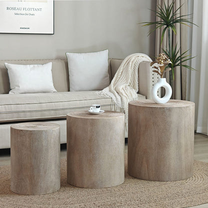 Round Wood Coffee Table Set - 3 Rustic Accent Tables for Living Room