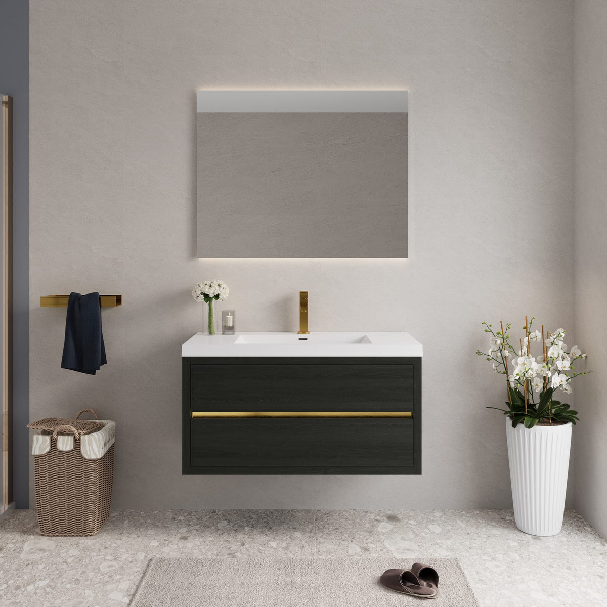 42" Espresso Wood Bathroom Vanity - Floating Storage Cabinet with Stone Resin Sink