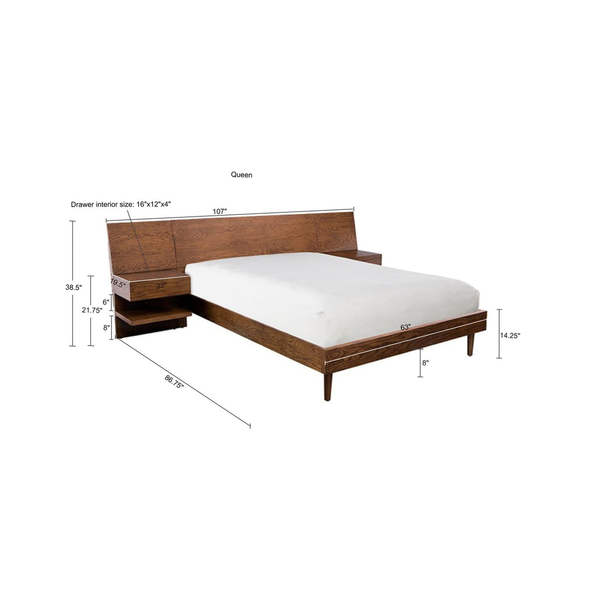 Queen Pecan Wood Bed Frame with 2 Nightstands