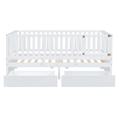 Twin Size Wood Daybed - White with Fence Guardrails & Drawers