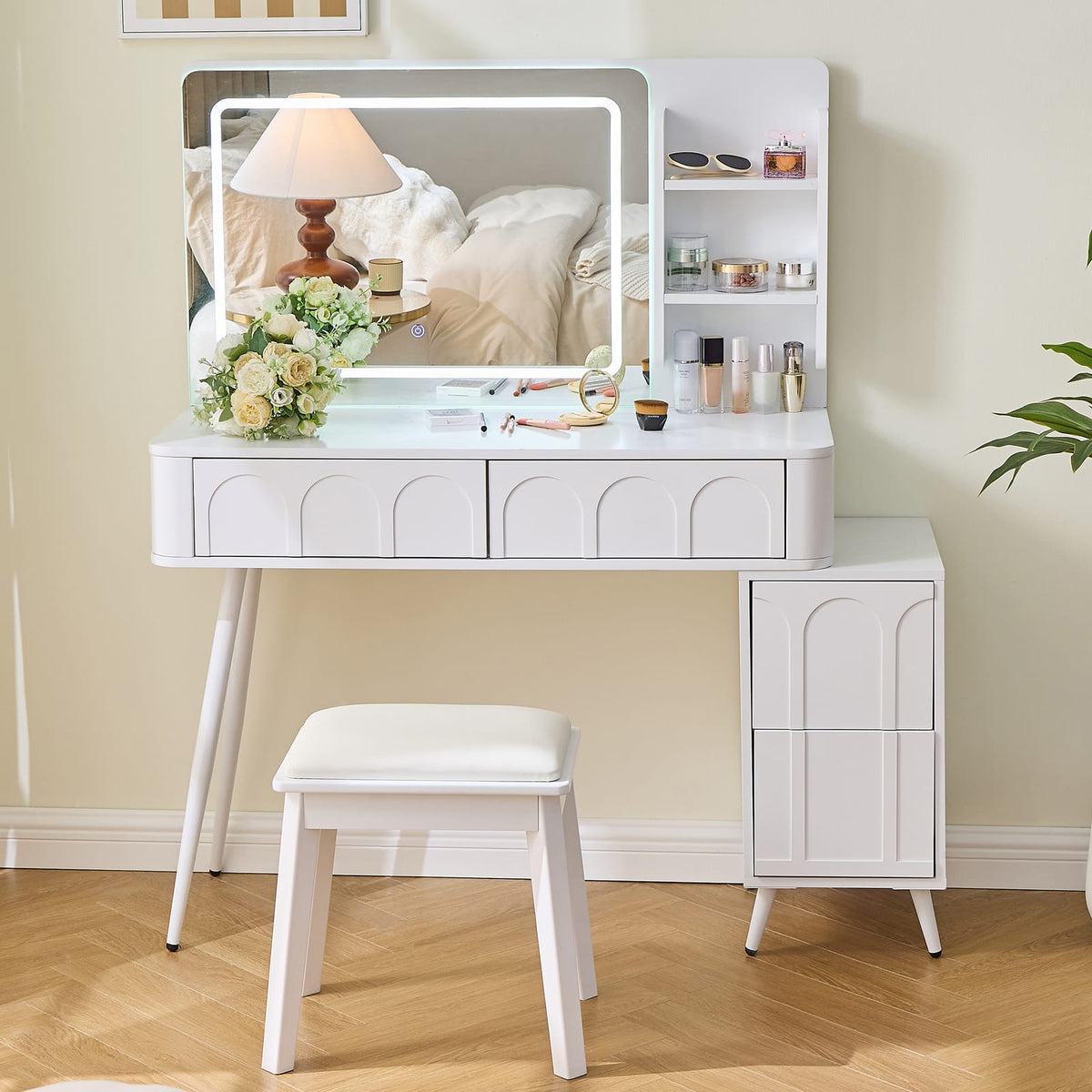 White Makeup Vanity Desk with LED Mirror & Stool - 4 Drawers for Bedroom