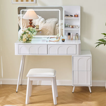 White Makeup Vanity Desk with LED Mirror & Stool - 4 Drawers for Bedroom