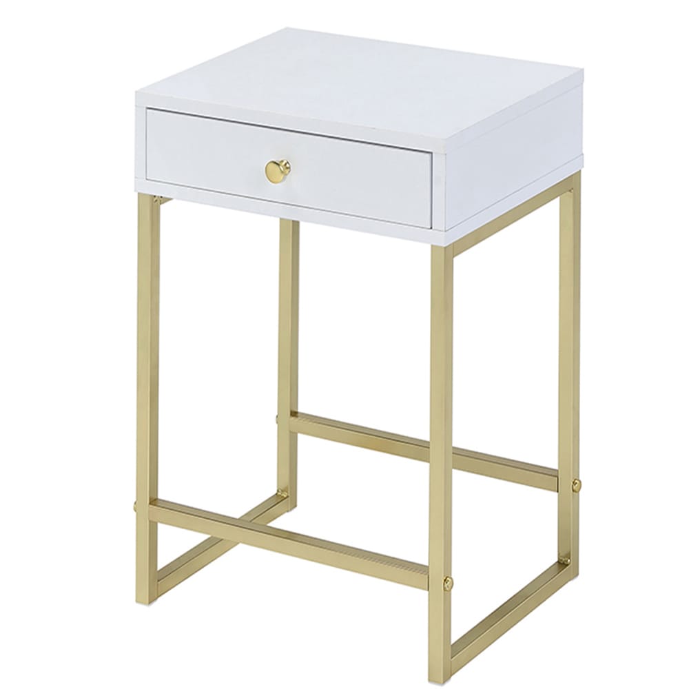 White & Gold 1-Drawer Side Table - Contemporary Style