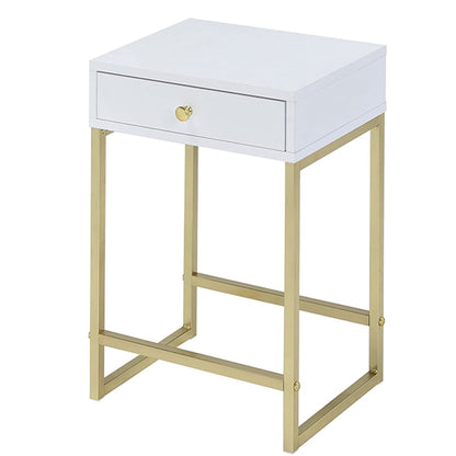 White & Gold 1-Drawer Side Table - Contemporary Style