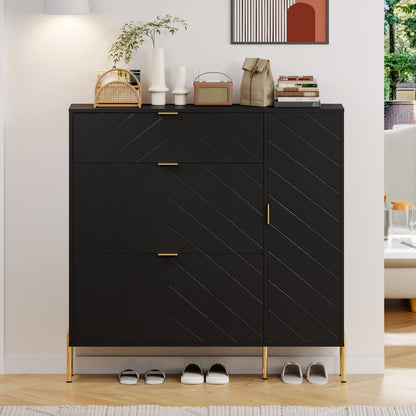 Black MDF Shoe Storage Cabinet - Flip-Up Drawers & Shelves