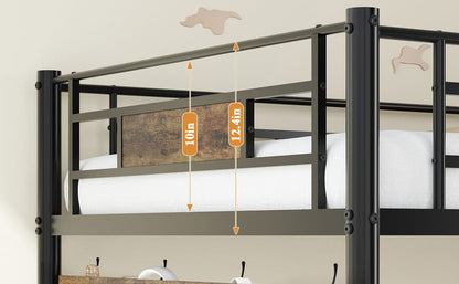 Twin Size Metal Loft Bed Frame with Brown Storage for Bedroom