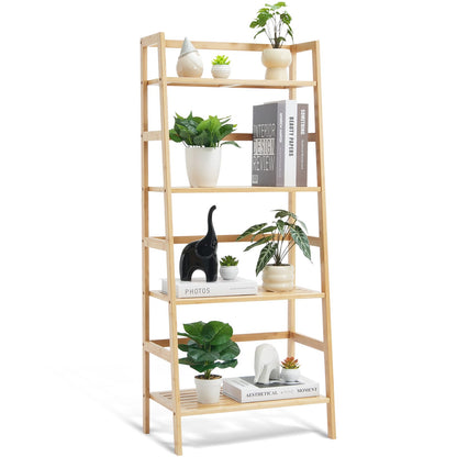 Natural Wood Ladder Shelf - 4 Tier Bamboo Bookshelf