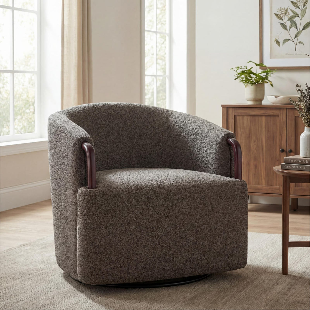 30" Modern Boucle Swivel Barrel Chair - Brown Multi, Solid Wood Accents