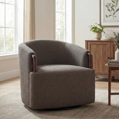 30" Modern Boucle Swivel Barrel Chair - Brown Multi, Solid Wood Accents