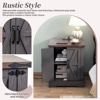Rustic Grey End Table with Charging Station, Walnut Top, Storage for Living Room