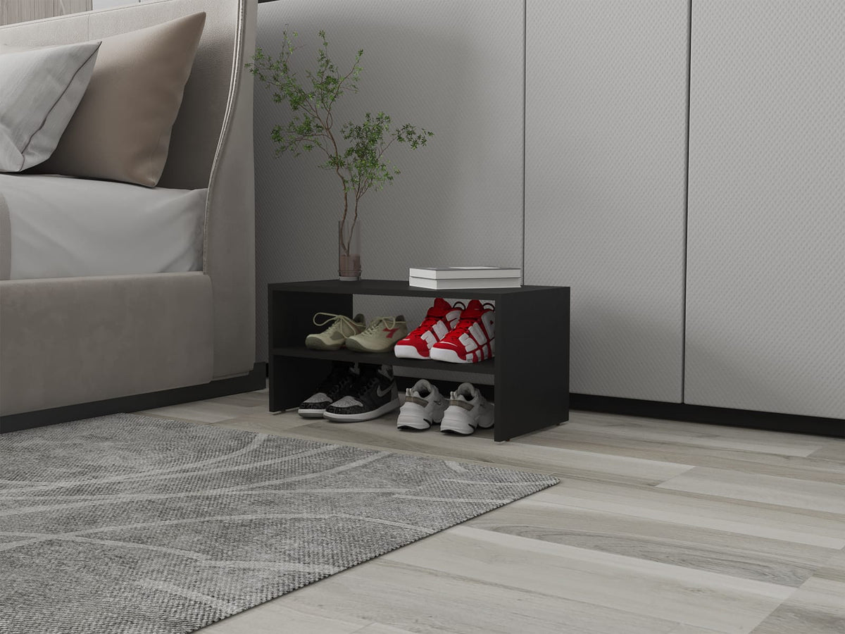 Black Melamine Shoe Rack - 2 Shelves, Compact Storage for Bedroom