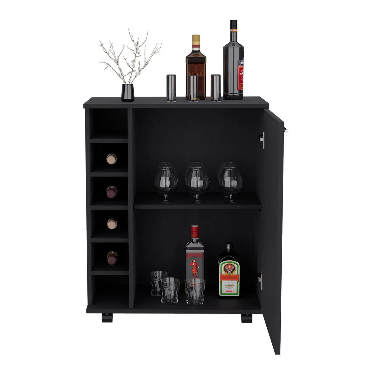 Black Modern Bar Cart with Wine Storage & Open Shelving