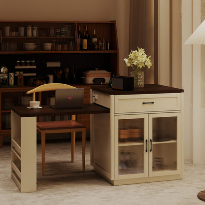 83.1" Extendable Kitchen Island - Creamy White MDF & Glass