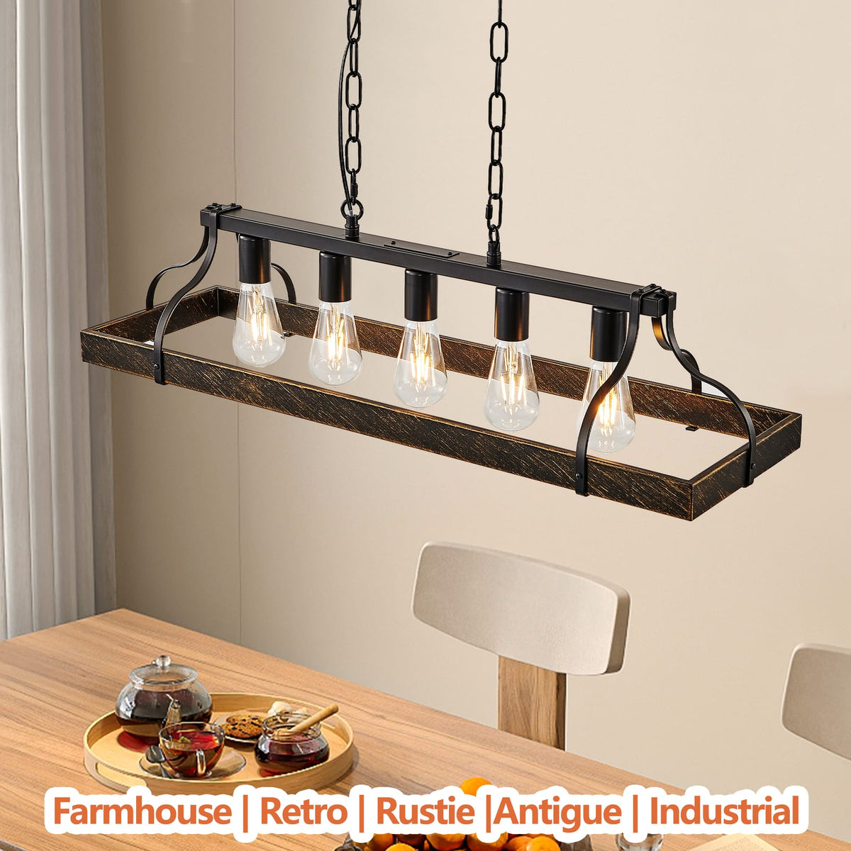 Black Gold Pendant Light - 34 Inch Dining Room Chandelier
