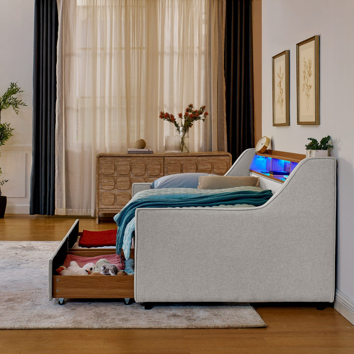 Twin Size Beige Sofa Bed with LED Lights & Storage