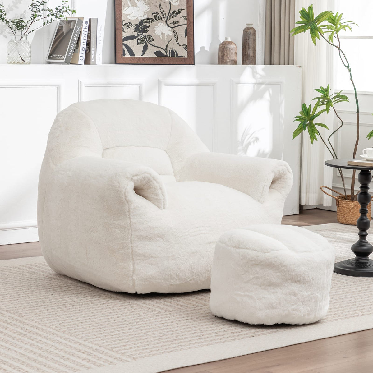 White Faux Fur Bean Bag Chair with Foam Support for Ultimate Comfort for Living Room