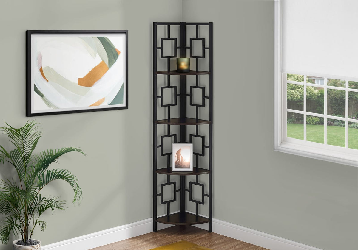 4 Tier Espresso Metal Corner Bookshelf - 62"H for Living Room