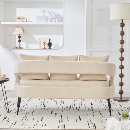 Beige Velvet Loveseat - Modern Open Back Sofa with Metal Legs for Living Room