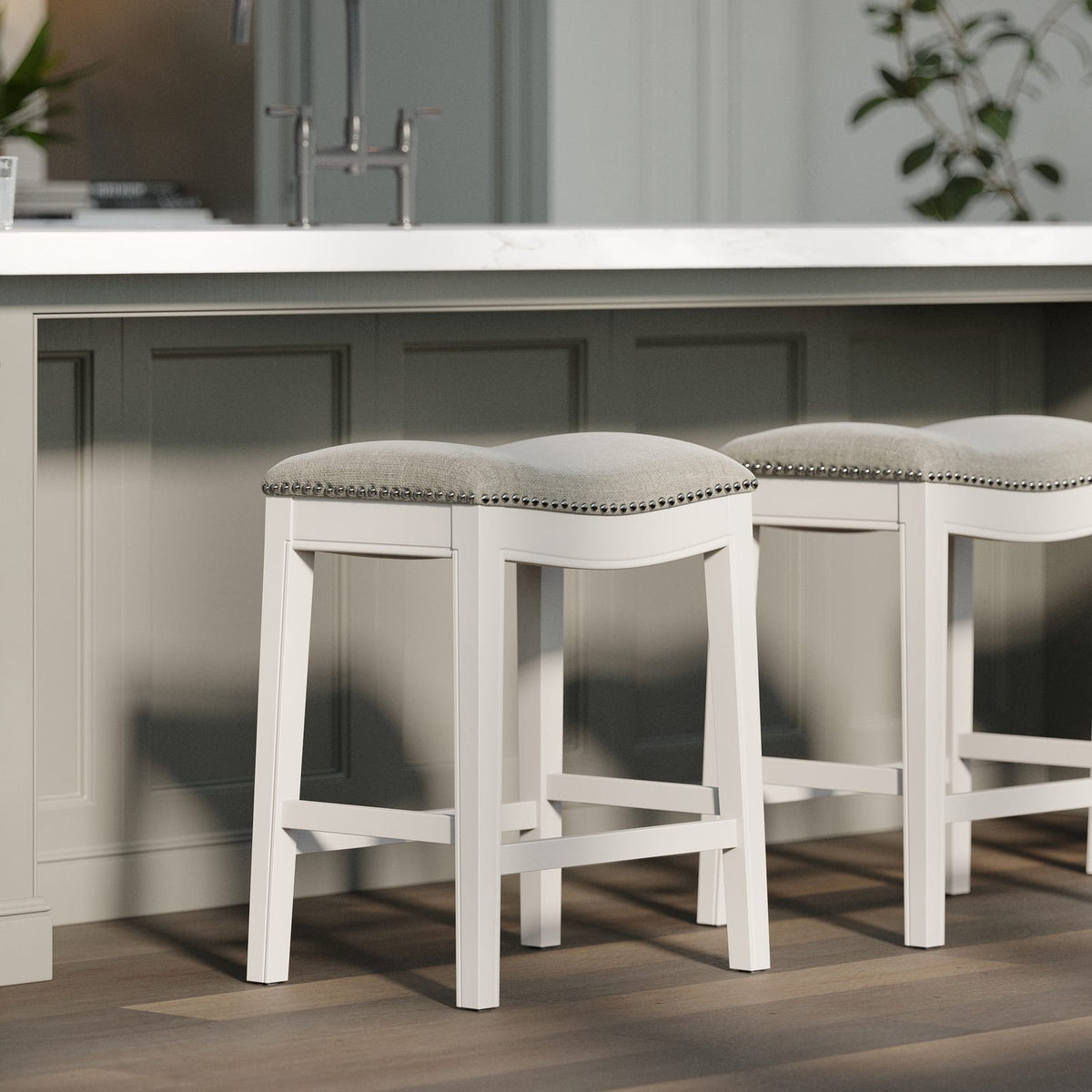 26" Counter-Height Barstool - White Wood Frame, Gray Seat