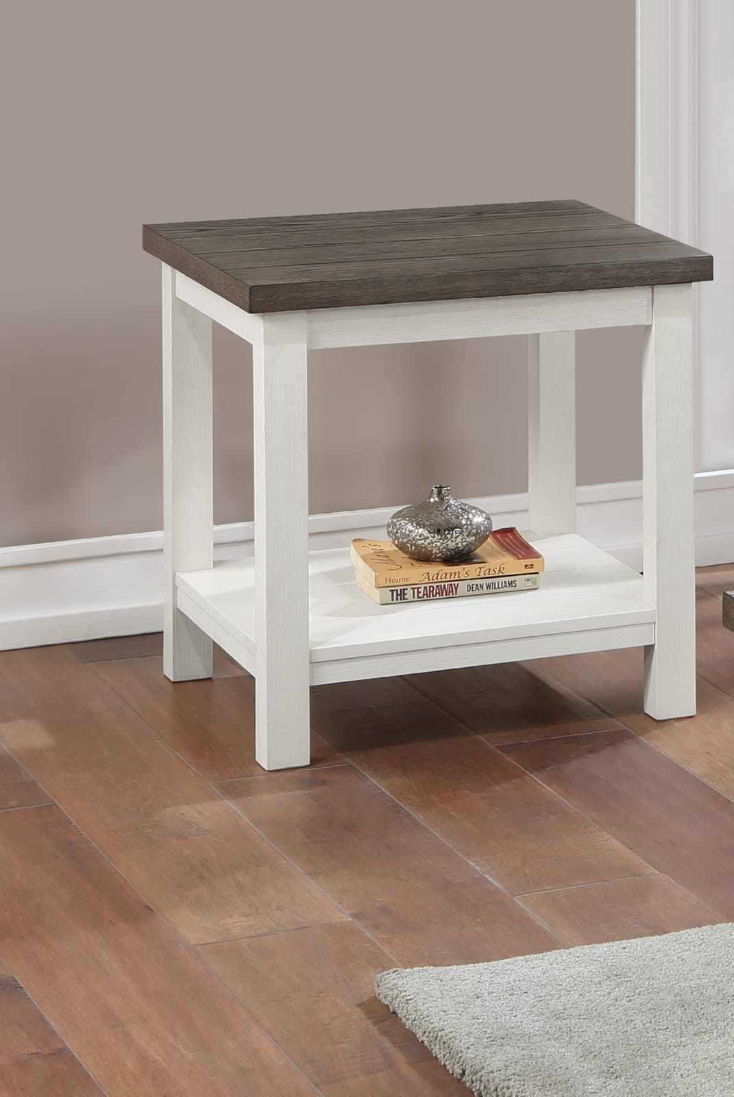 Farmhouse Style Square Wood End Table with Brown White Finish for Living Room