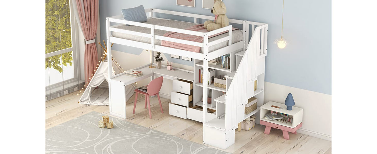 White Pine Twin Loft Bed with Storage Staircase and L-Shaped Desk for Bedroom
