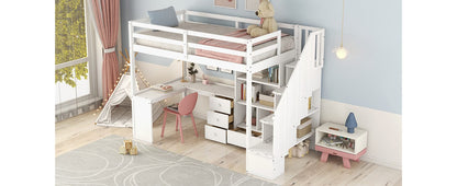 White Pine Twin Loft Bed with Storage Staircase and L-Shaped Desk for Bedroom