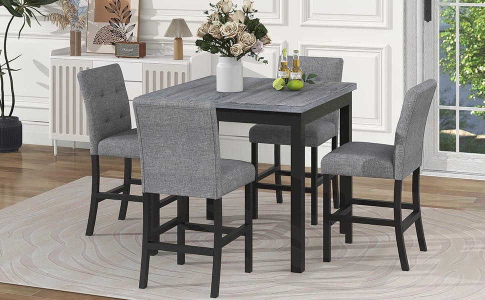 Gray Square Dining Table with 4 Upholstered Chairs for Dining Room