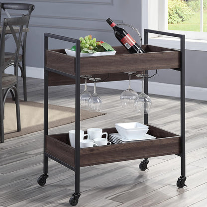 Rectangular Kitchen Cart with 2 Tier Shelf, Walnut and Black for Dining Room Storage