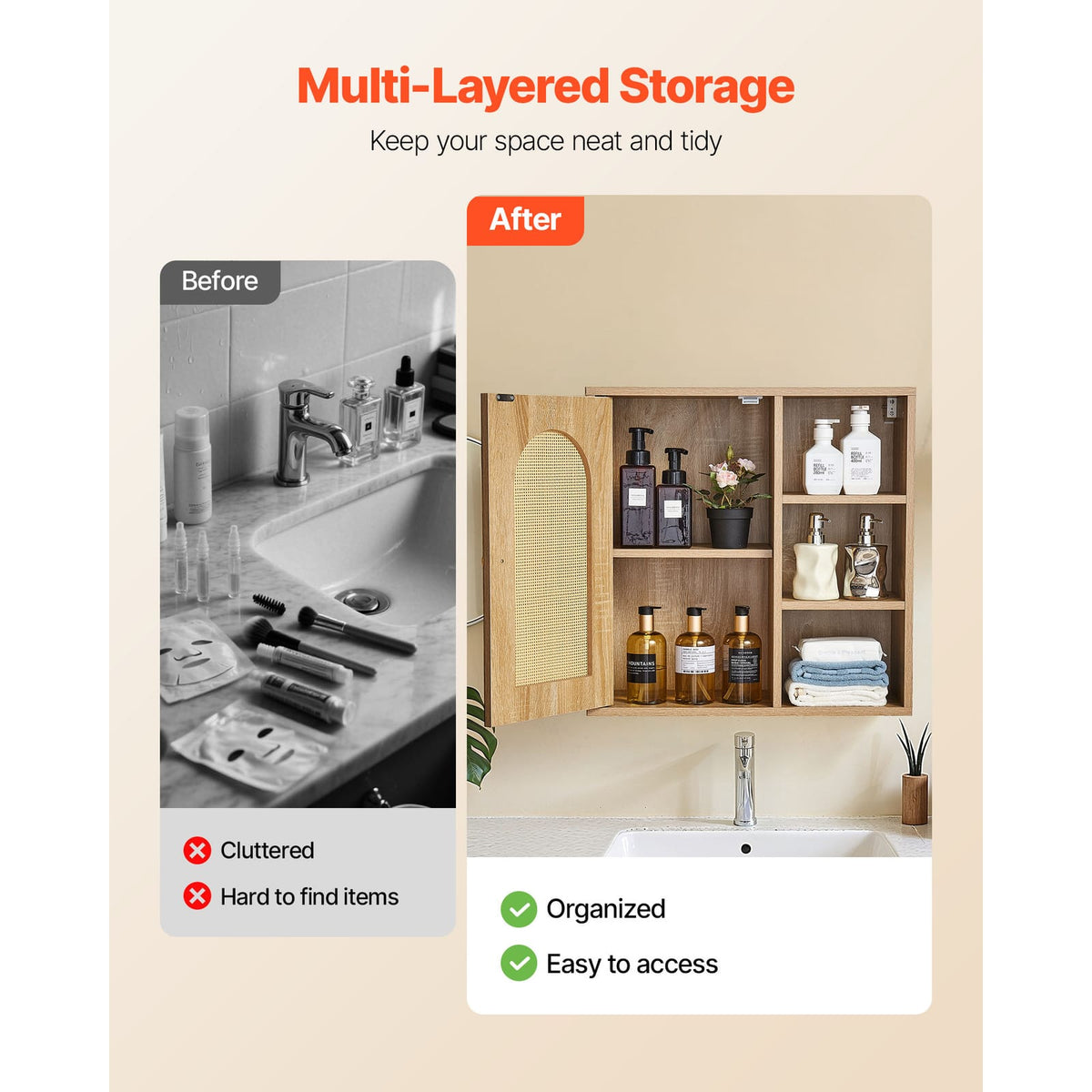 Wood Bathroom Wall Cabinet - Adjustable Shelves, Over Toilet Storage